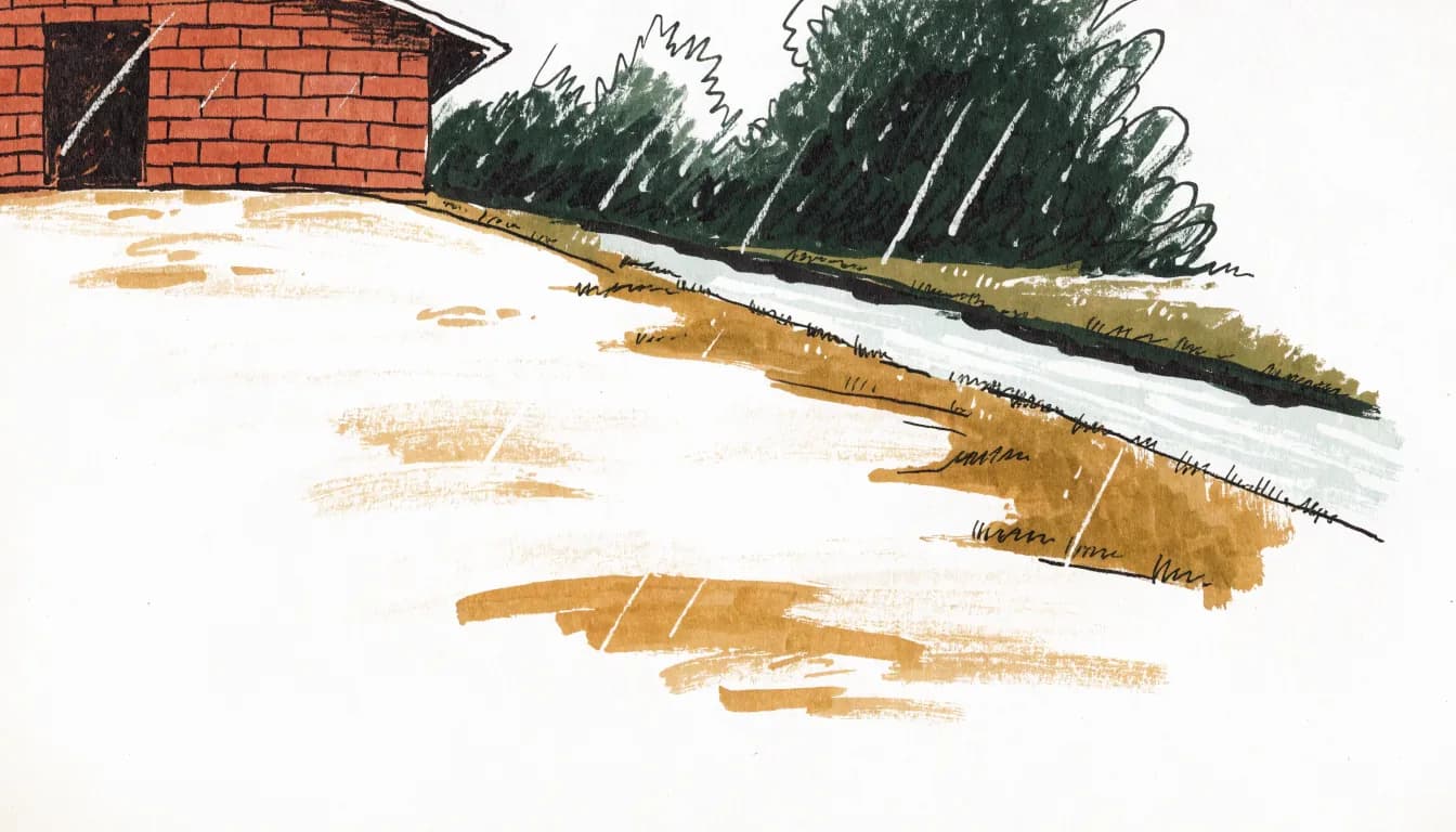 Illustration: Regenwasser läuft von einer gepflasterten Einfahrt in eine Entwässerungsrinne