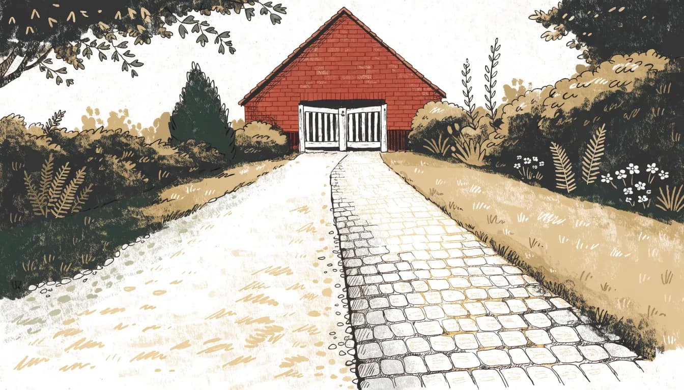 Illustration: Einfahrt zur Hälfte aus Kies, zur Hälfte aus Pflaster, vor einer Backsteinscheune