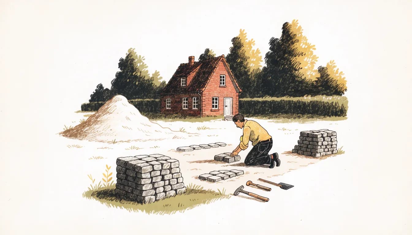 Illustration: Pflasterarbeiten an einer Einfahrt vor einem ostfriesischen Backsteinhaus