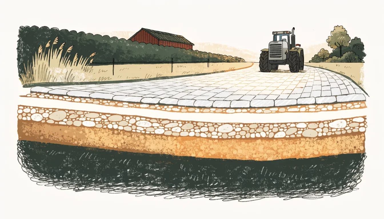 Illustration: Querschnitt einer gepflasterten Einfahrt mit Schotter-Unterbau und einem Trecker darüber