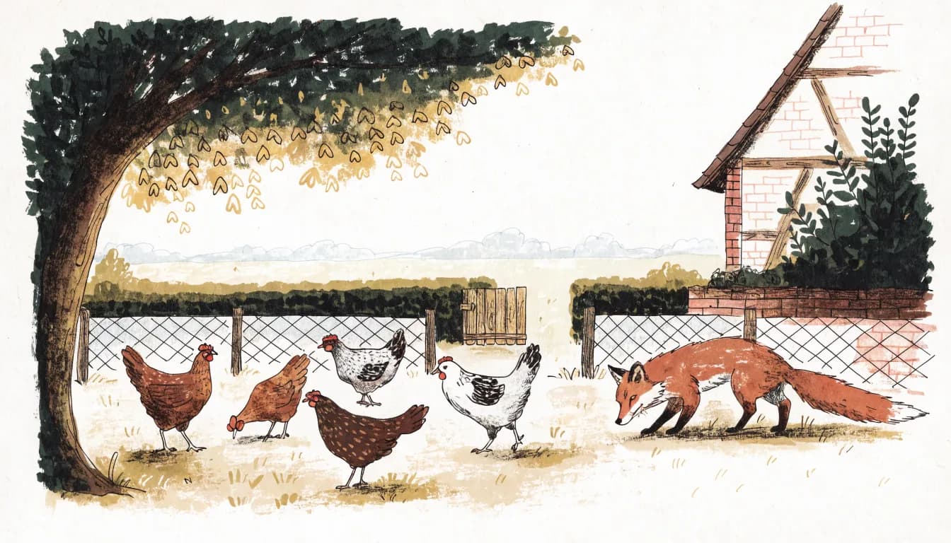 Illustration: Hühnerschar im Gehege, ein Fuchs lauert am Zaun