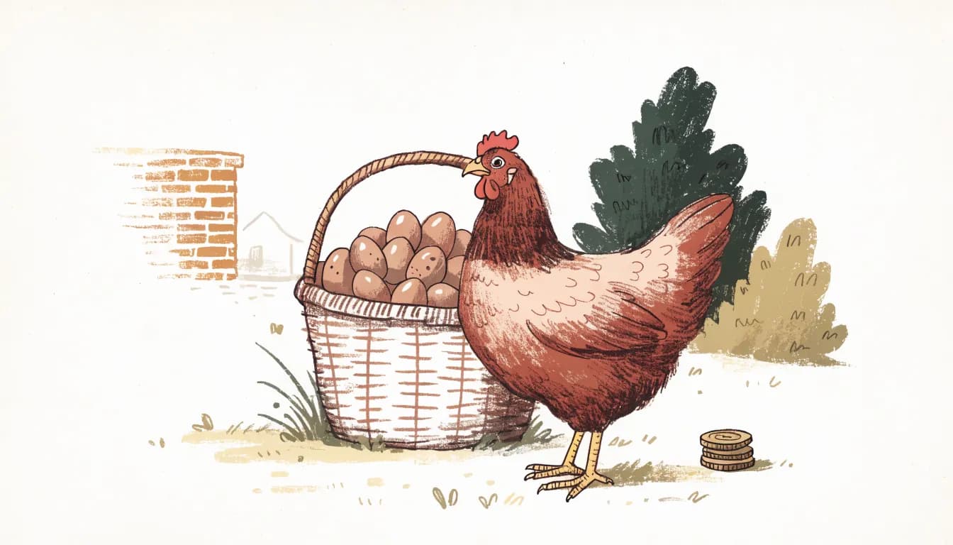 Illustration: Huhn neben einem Korb voller Eier und einem kleinen Stapel Münzen