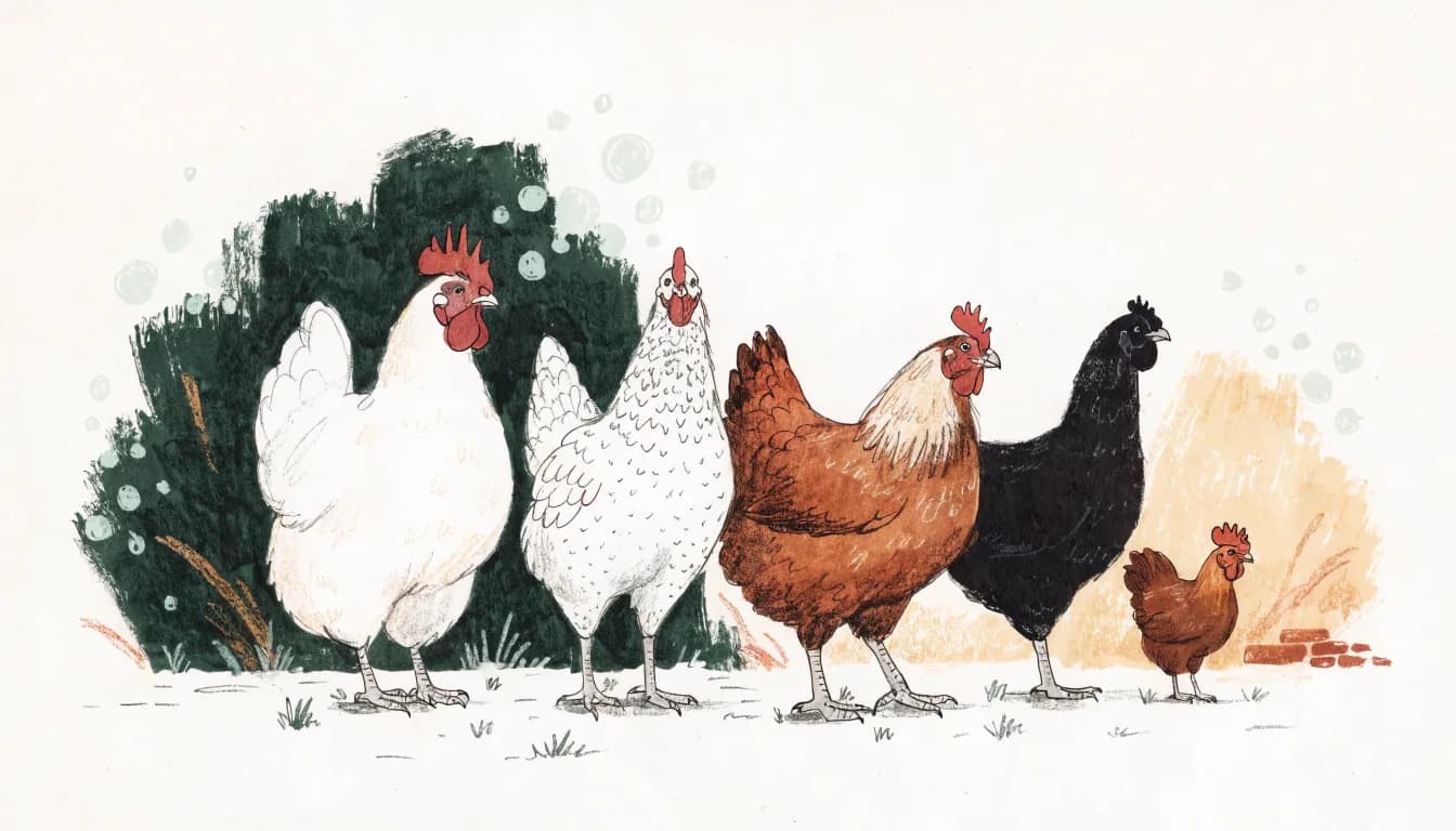 Illustration: Reihe verschiedener Hühnerrassen nebeneinander