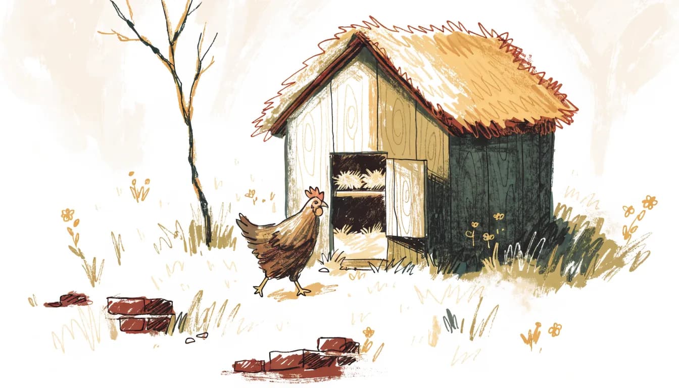 Illustration: kleiner Holz-Hühnerstall mit offener Tür, Nestern und Sitzstange