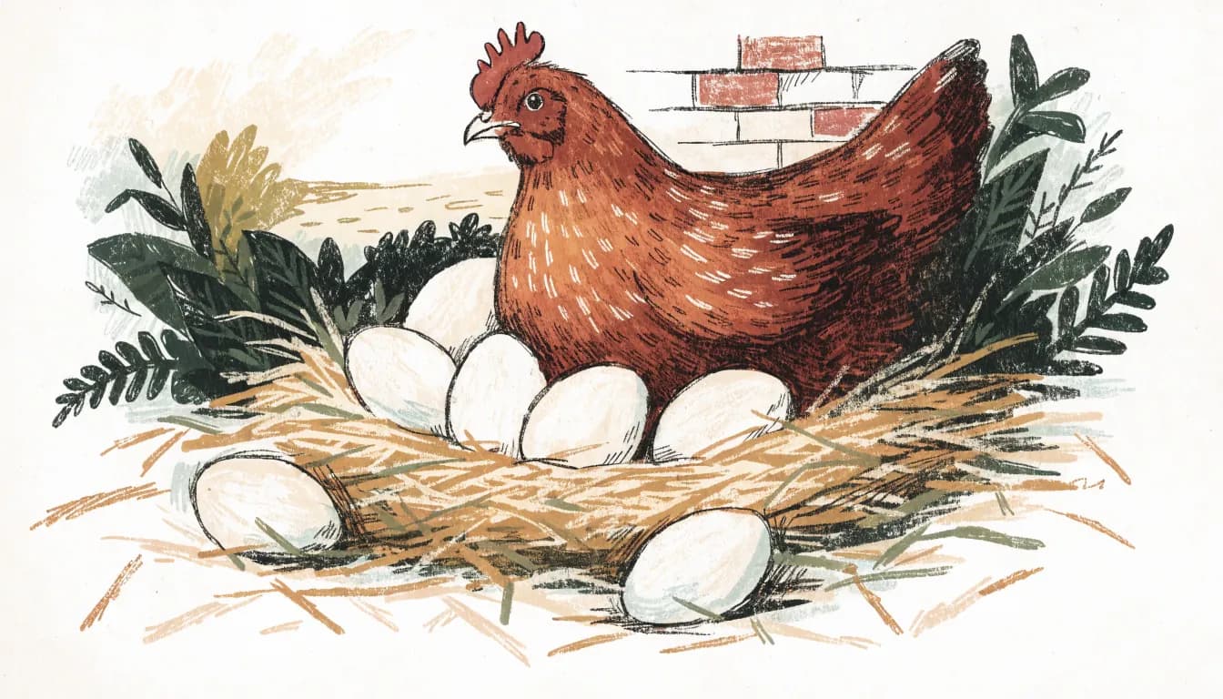 Illustration: Huhn sitzt auf einem Strohnest voller Eier
